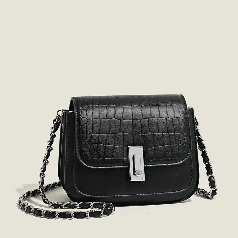 Soft PU women's chain shoulder bag with square shape, sandwich pocket design and mobile phone compartment