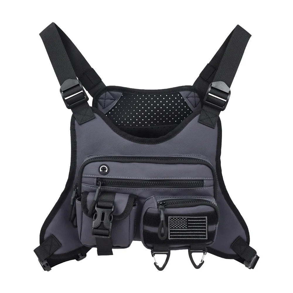 Men's oxford cloth chest bag in black, shown in a vest-style design for outdoor sports and daily wear.