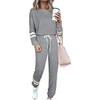 Women's plus size casual suit with long sleeve top and trousers in cotton blend fabric