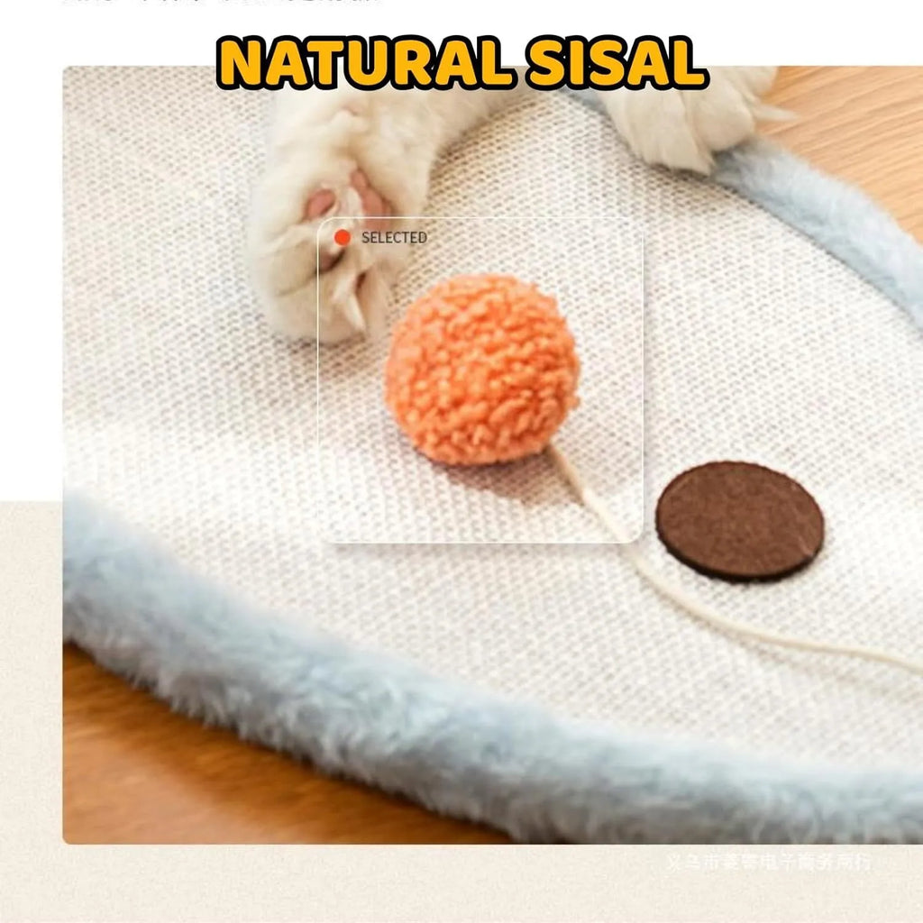 White wall-mounted cat scratching mat with sleeping cat cartoon design on natural sisal surface