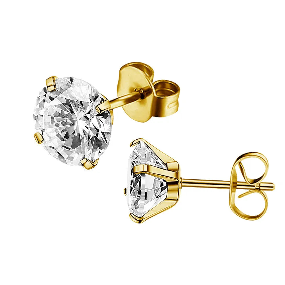 Square geometric titanium steel stud earrings with sparkling zircon stones in gold and steel colour.