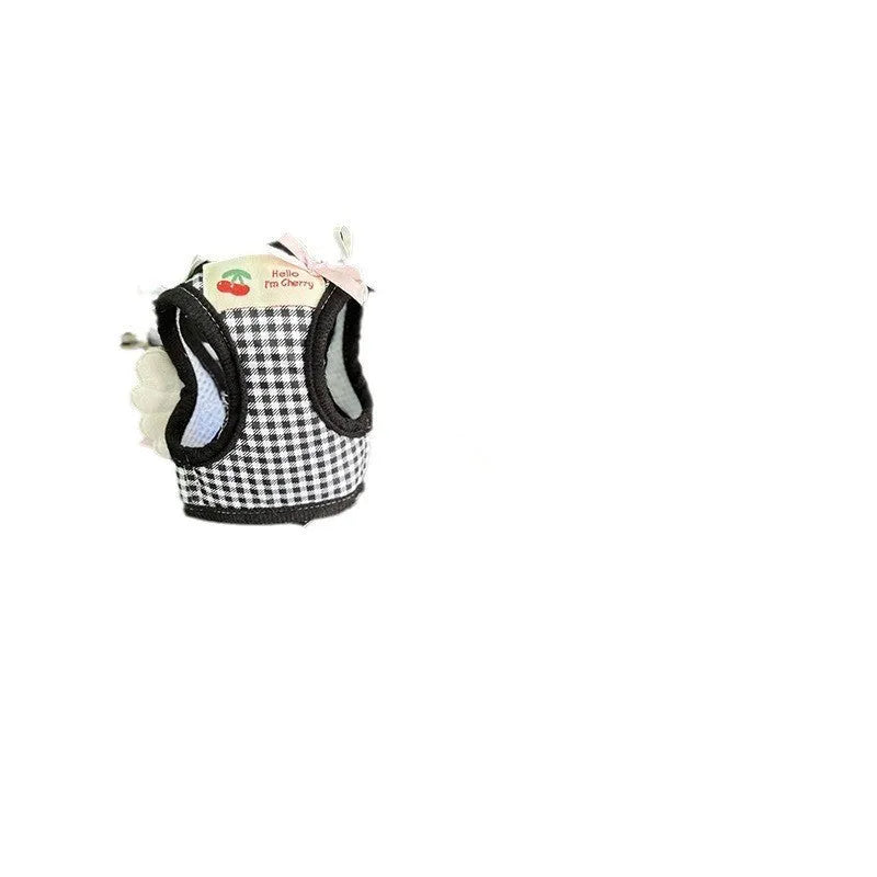 Pink cotton chest-back dog harness with a top handle for a small dog.