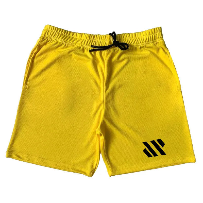 Loose fit metal silk fabric sports shorts in various colours including black, blue, and green for summer running and leisure.