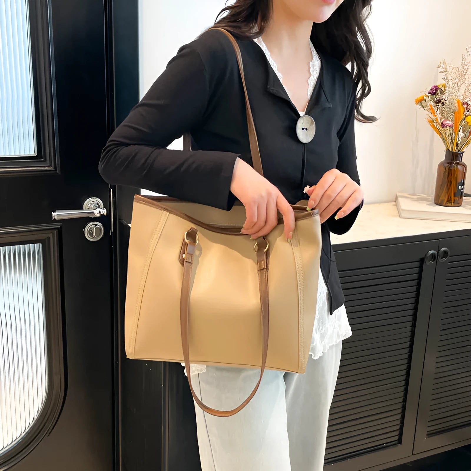 Women's contrast colour PU tote bag with horizontal square shape and large capacity in black, white, khaki, or brown