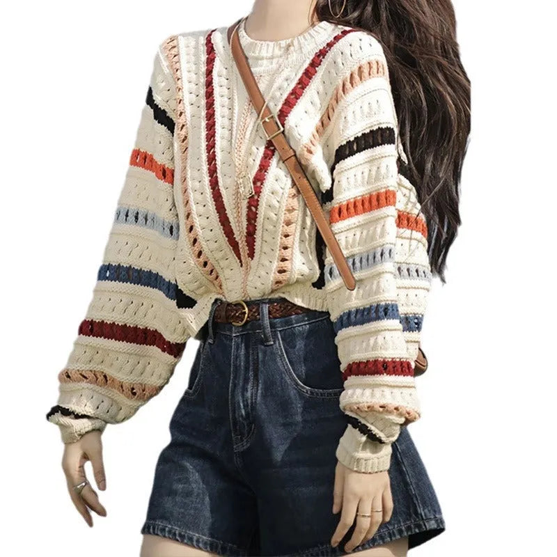 Colourful rainbow striped loose-fitting sweater with batwing sleeves and round neck