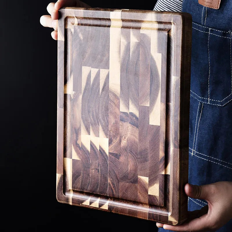 Brown solid wood cutting board with parquet construction and 3cm thickness for kitchen food preparation