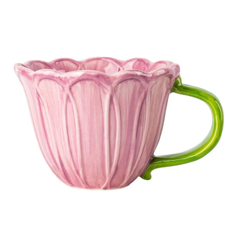 Ceramic breakfast cup with pastoral flower pattern, 500ml capacity, in red or purple