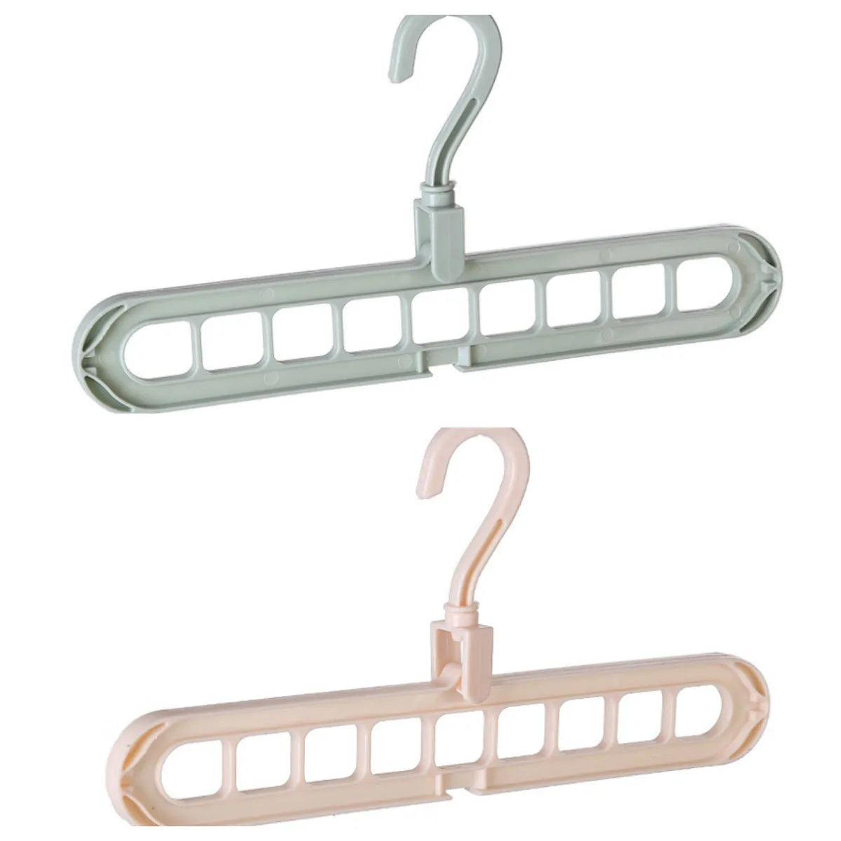 Plastic clothes hanger with rotating hook in pink colour, showing 33cm length dimension