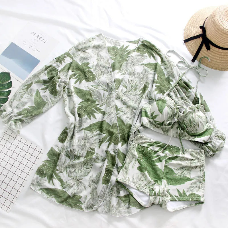Green flower pattern matching bikini for women and beach pants for men in polyester spandex