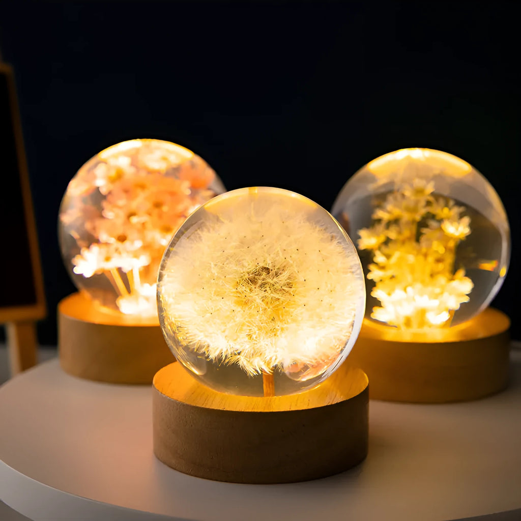 Luminous 3D dandelion crystal ball on beech wood stand with USB cable for desktop decoration