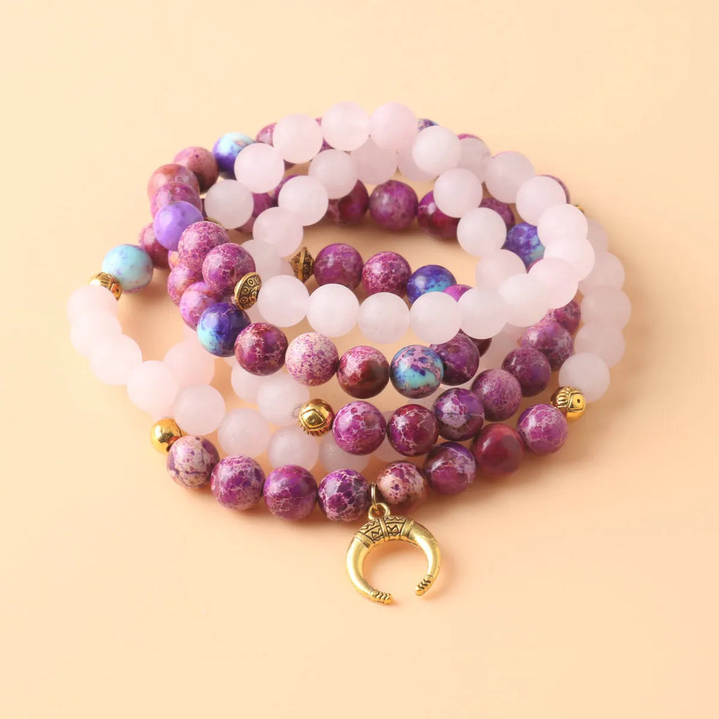 Personalised beads pendant necklace made from emperor stone with pink crystal colour.
