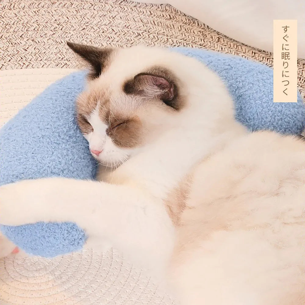 U-shaped blue cat pillow with adjustable fabric collar for pet neck support
