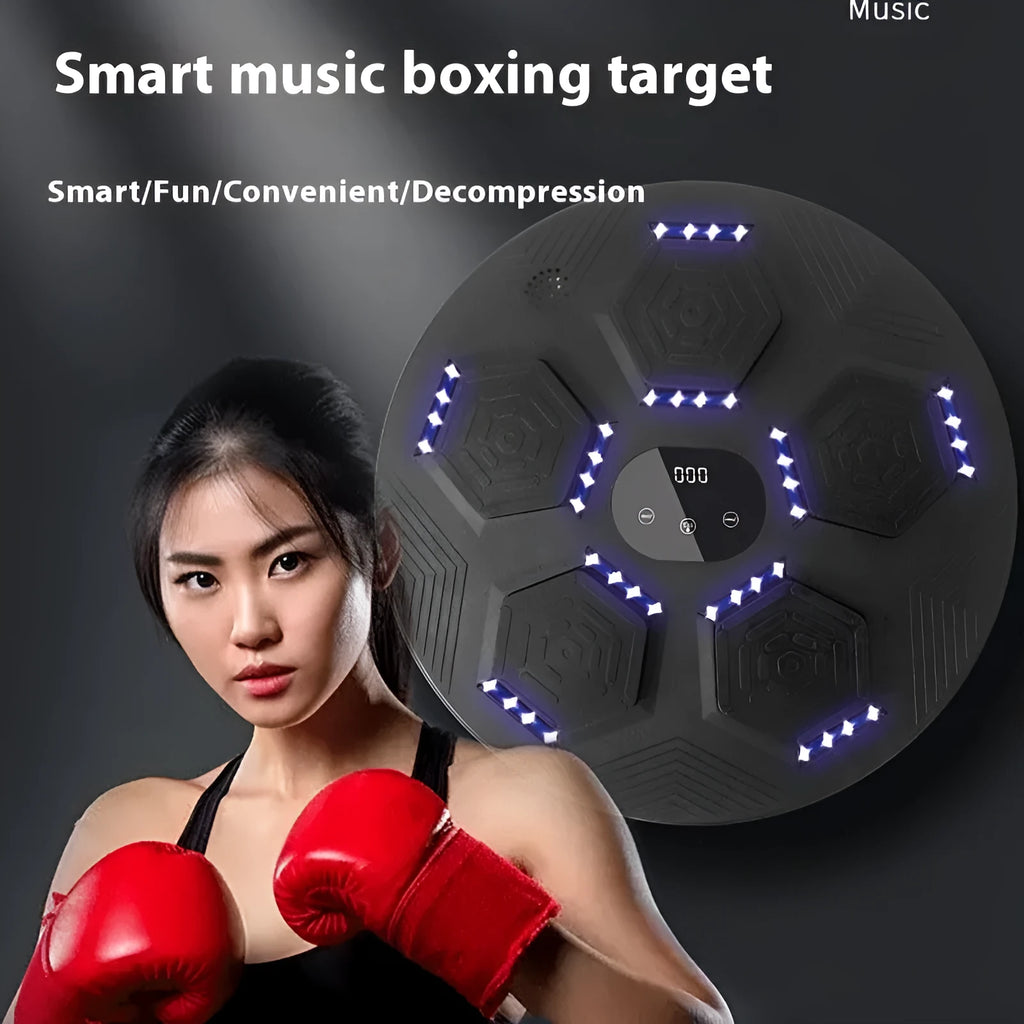 Smart music boxing machine reaction target with LED lights hanging on wall, includes boxing gloves