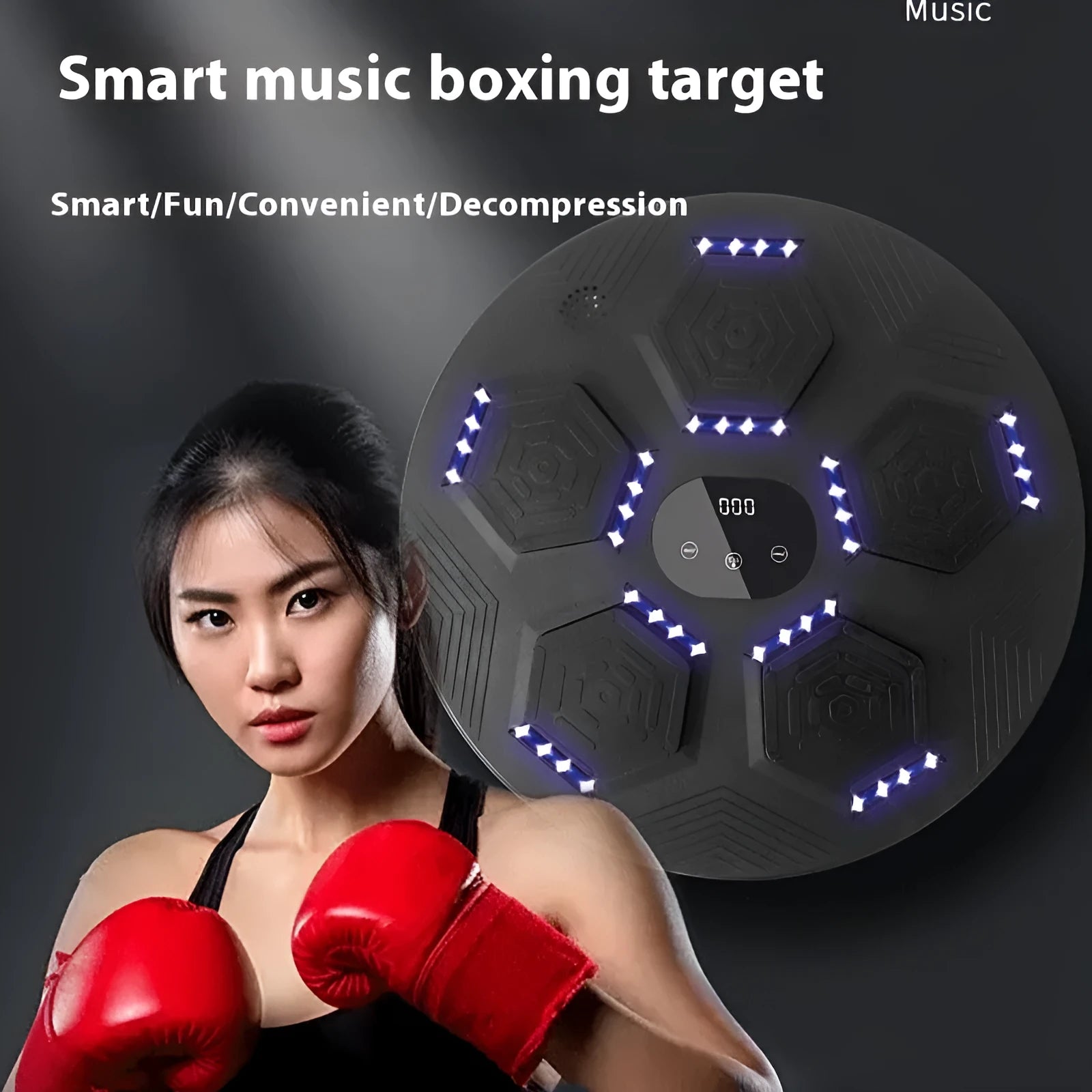 Smart music boxing machine reaction target with LED lights hanging on wall, includes boxing gloves