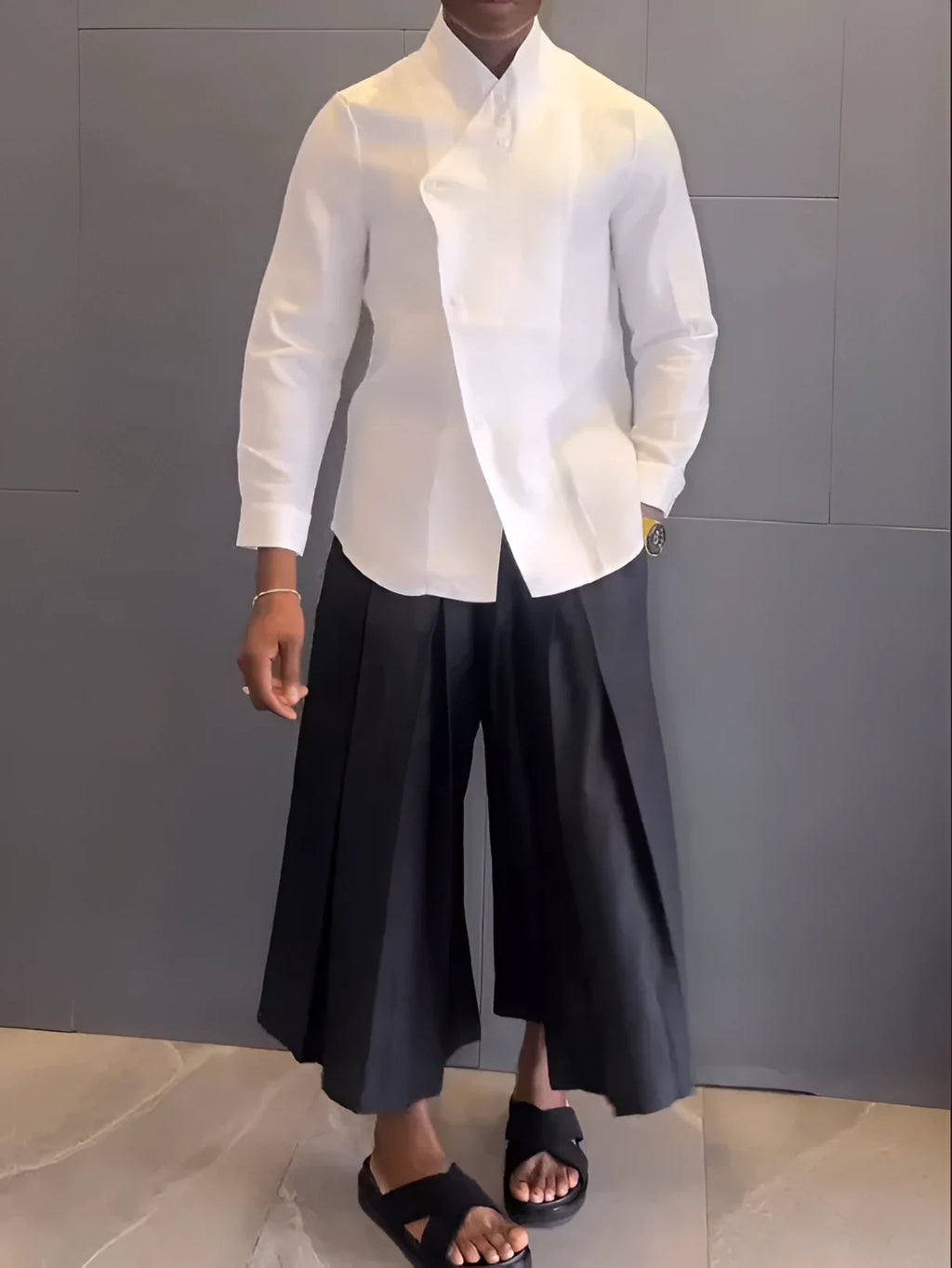 Women's white asymmetric long sleeve shirt and black pleated trousers casual two-piece set
