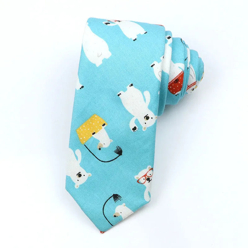 Korean style narrow men's cotton bow tie with a printed cartoon pattern in a selected colour.