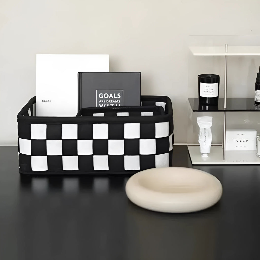 Checkerboard woven felt storage basket with folded sides showing rectangular 37x29x19.5cm dimensions
