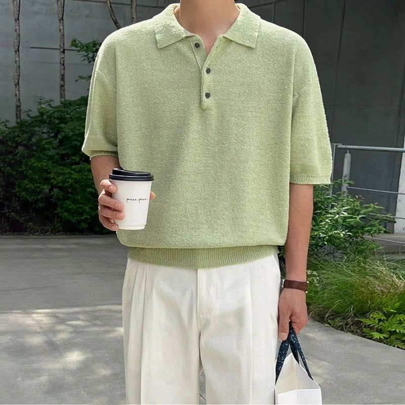 Men's caramel coloured knitted polo shirt with short sleeves and asymmetric design