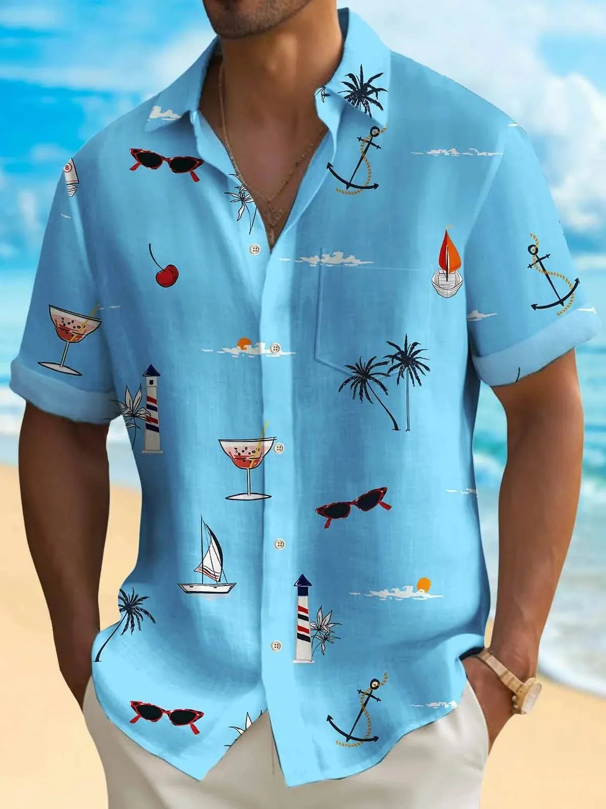 Man wearing a loose fit, short sleeve Hawaiian shirt with a colourful digital print pattern.