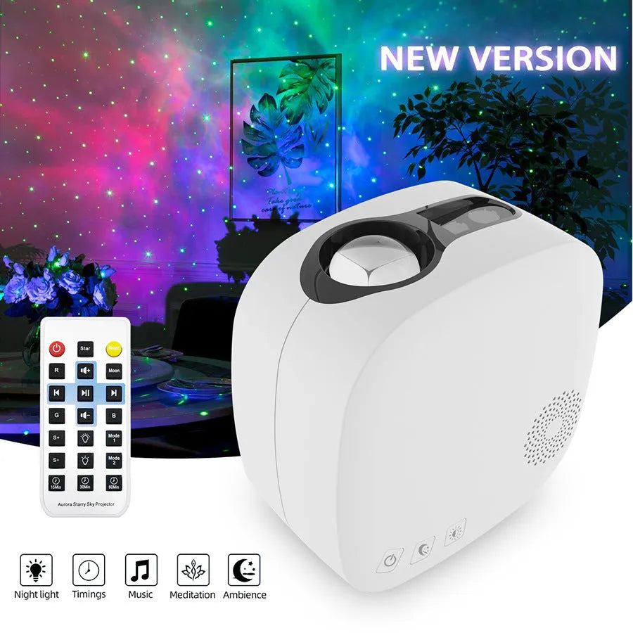 Black or white laser starry sky projection lamp with nebula moon display and Bluetooth connectivity