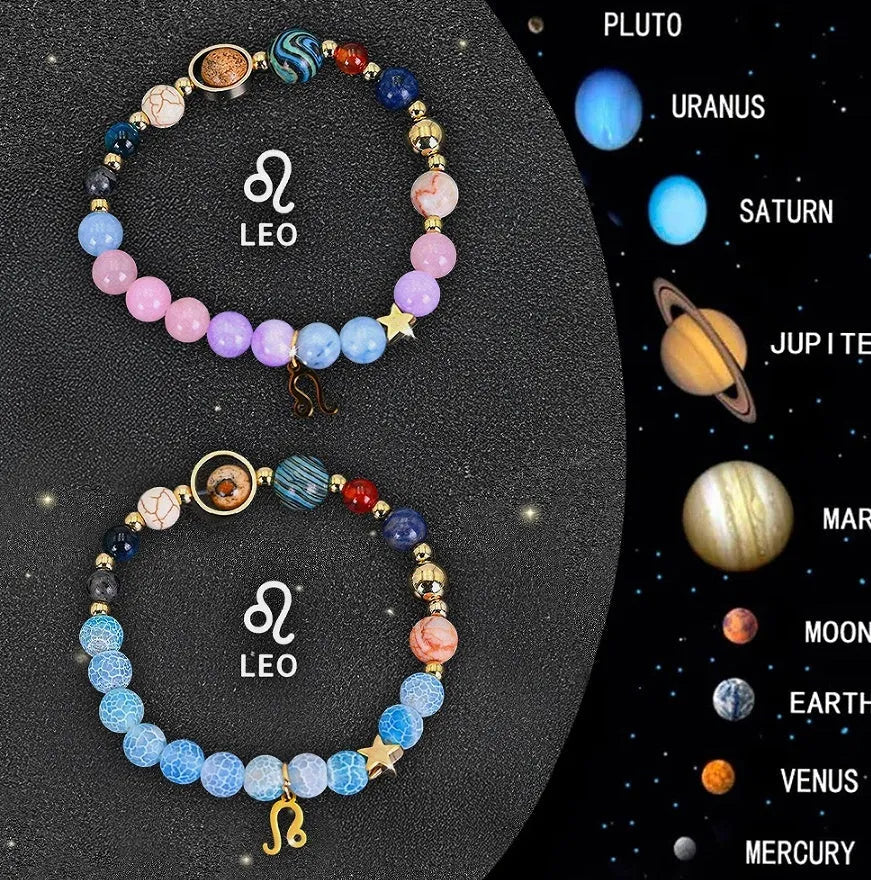 Set of twelve natural stone beaded bracelets with individual zodiac charms for each horoscope sign