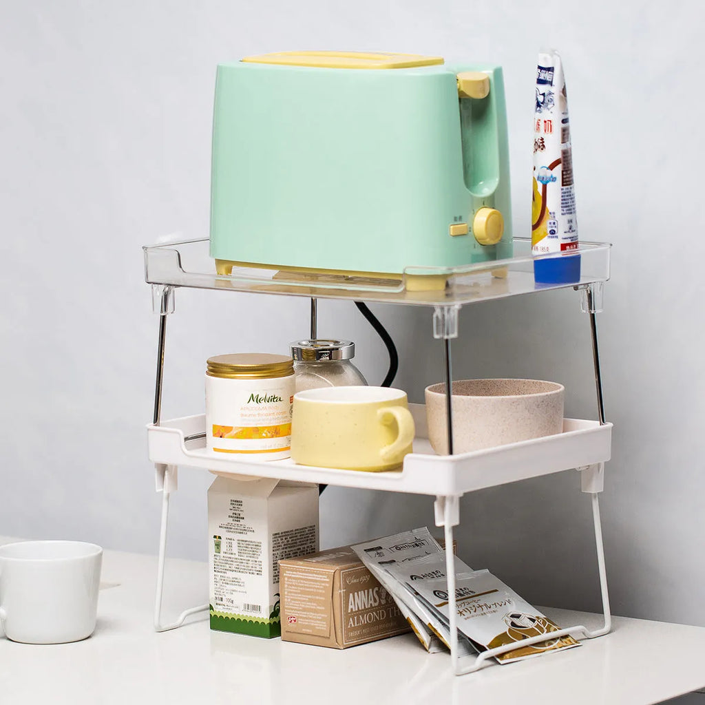 Transparent or white plastic kitchen supplies rack for desktop or cupboard storage organisation