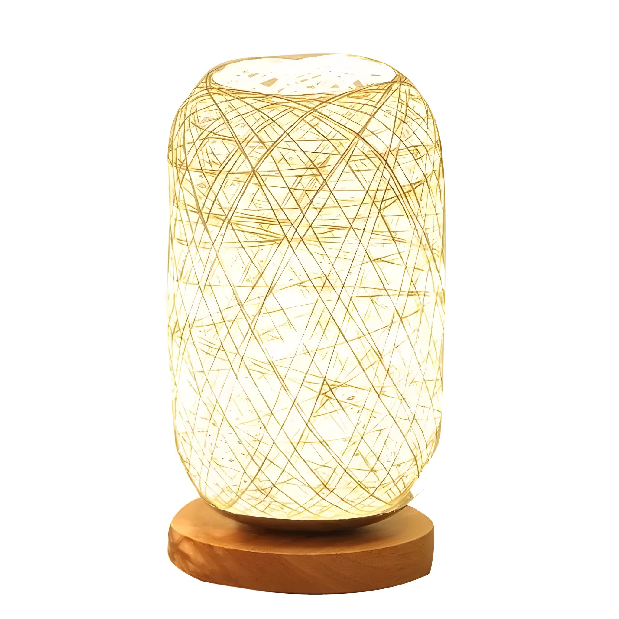 Handmade brown hemp rope spherical desk lamp with a solid wood base on a desk.