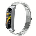 Smart bracelet with stainless steel wristband in black showing heart rate monitor display touch button interface