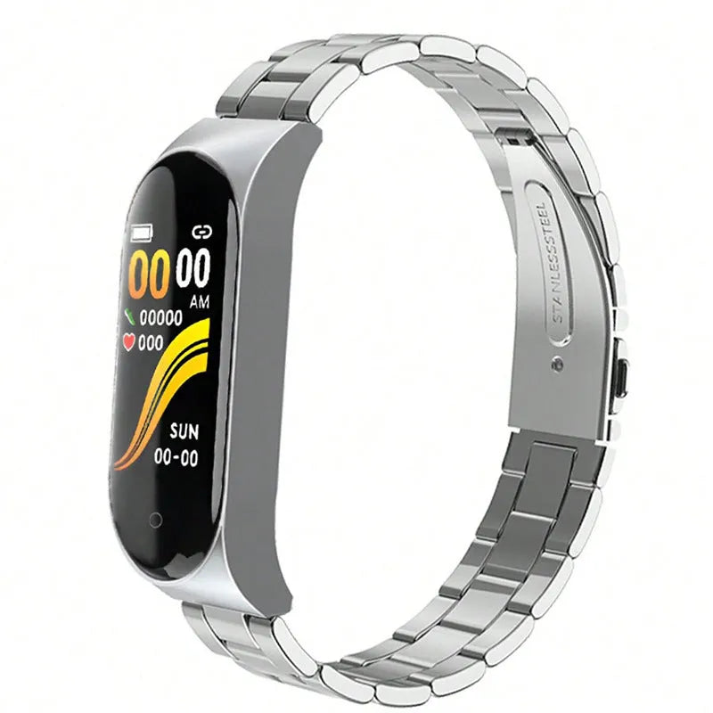 Smart bracelet with stainless steel wristband in black showing heart rate monitor display touch button interface