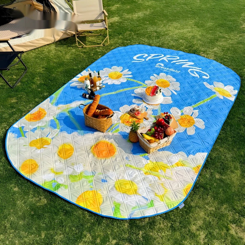 Waterproof picnic mat for 4-8 people showing seasonal colour options and moisture-proof backing