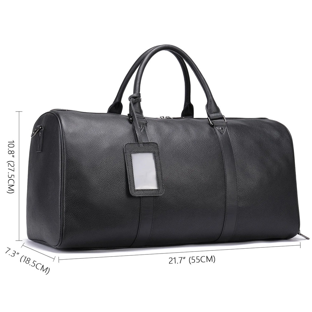 Men's black leather tote bag with a single shoulder strap, shown open to display large capacity.