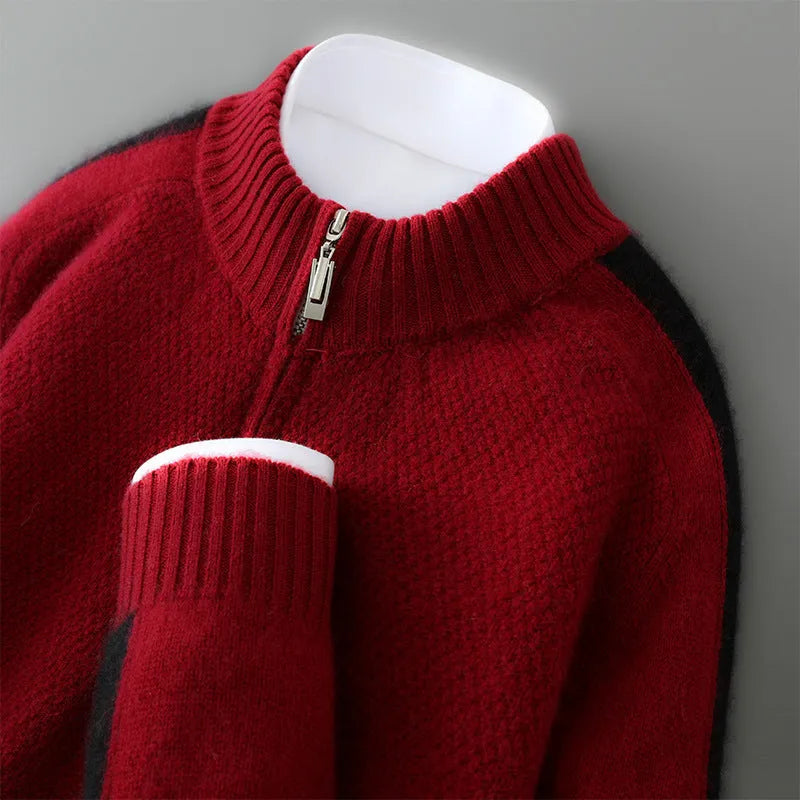 Sheep wool half-zip knitted sweater in slim fit design showing round neck and regular sleeves