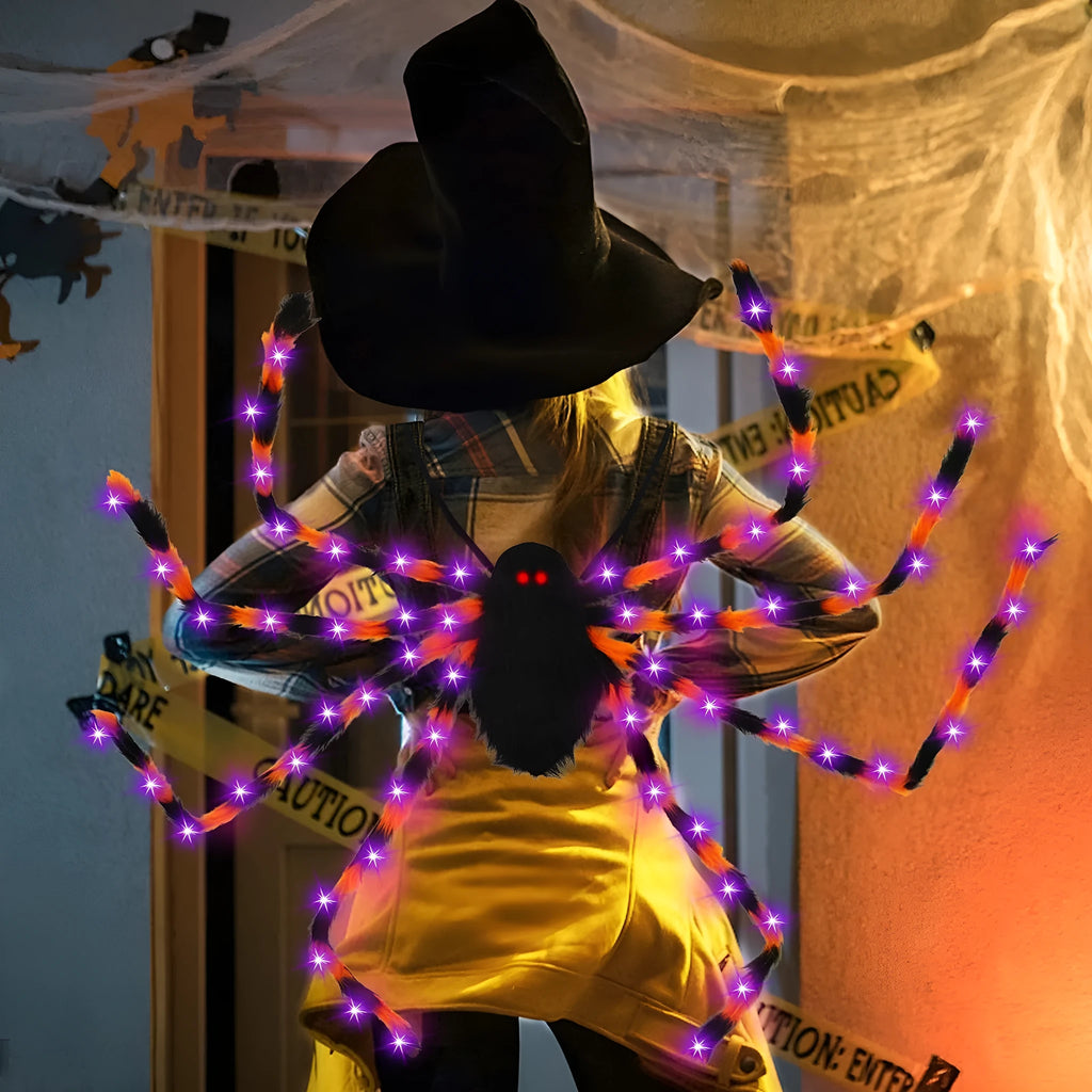 Plush Halloween Spider Backpack with purple LED lights, shown in one of five colour options.