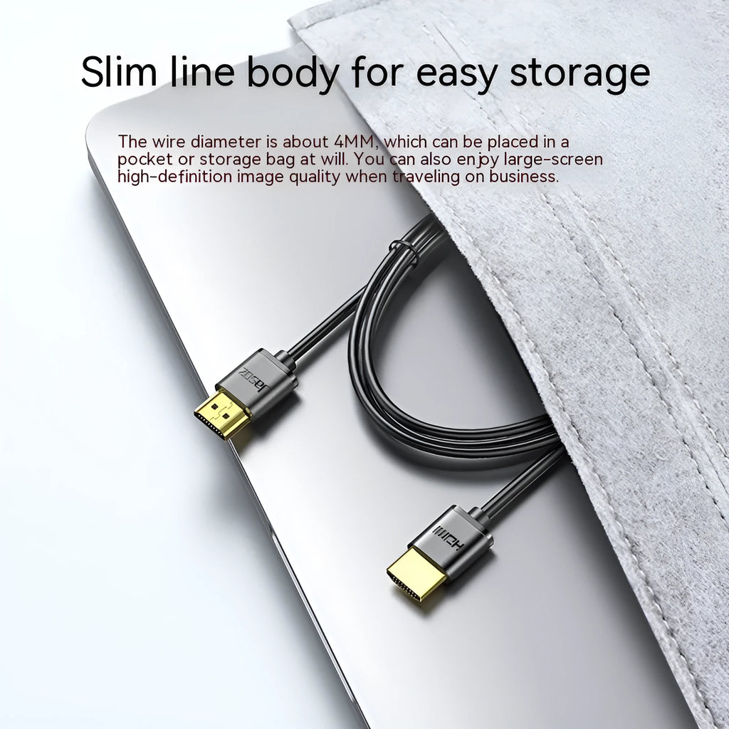 Gold-plated HDMI to HDMI computer connection cable with thin flexible black jacket.