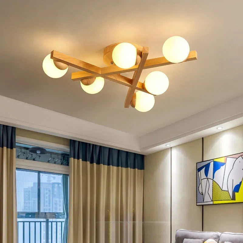 Nordic wooden style ceiling lamp with three adjustable light heads