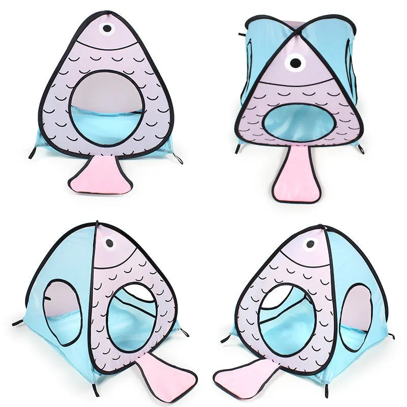 Foldable pet tent cat tunnel three-piece set with cat and fish motif design