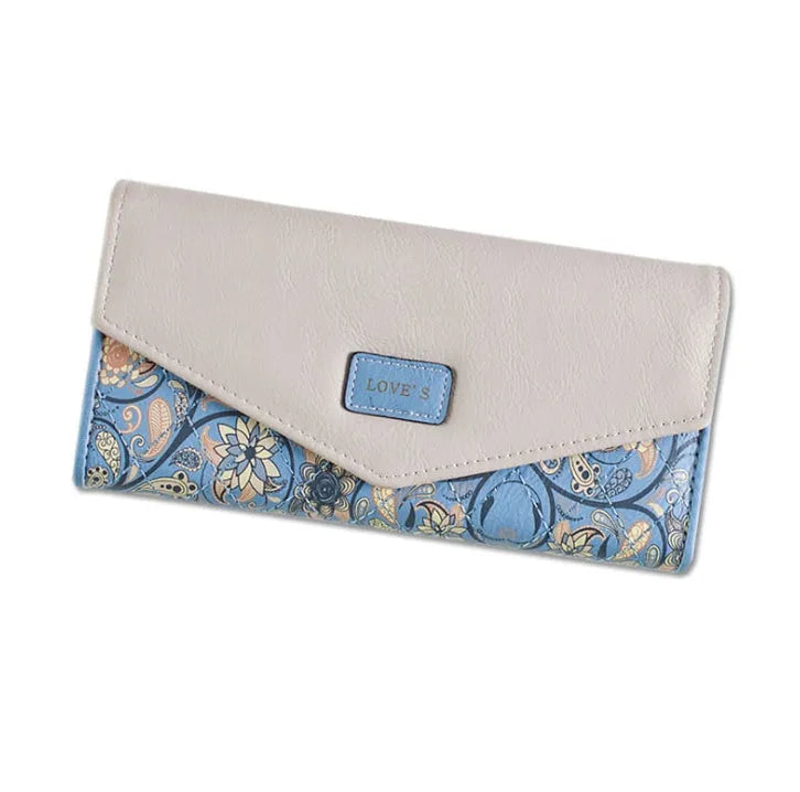 Women's three-fold PU leather student wallet with a clip closure, shown in multiple colour options