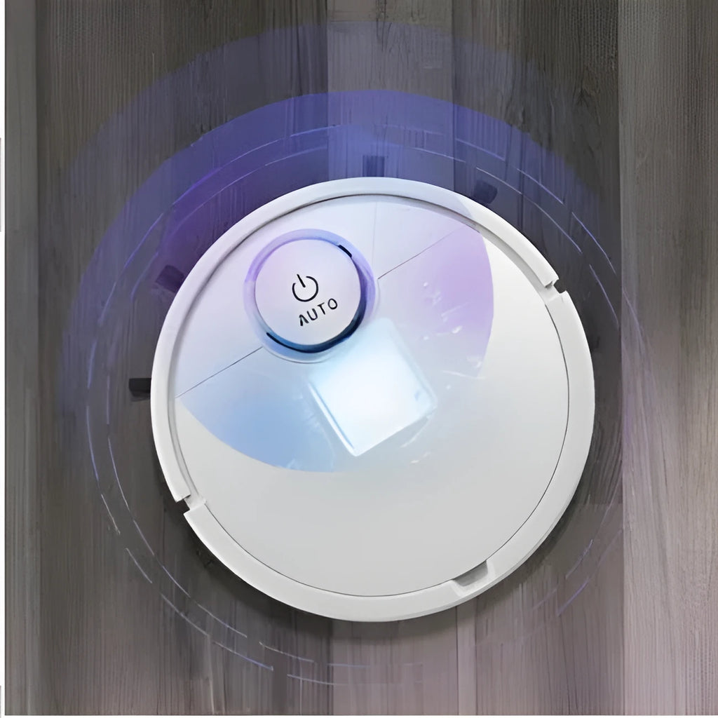 Automatic circular sweeping robot with one-touch button, 28cm diameter, on a hard floor.