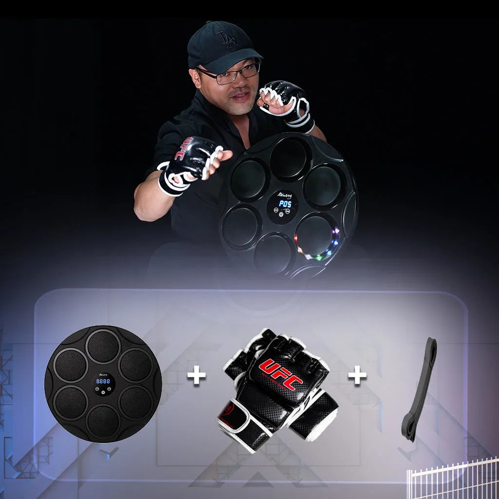 Black wall-mounted smart boxing target with coloured lights and Bluetooth for music fitness training.
