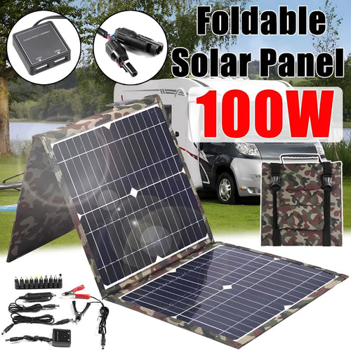 36W black foldable solar panel with charging accessories including car charger and cables