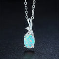 Close-up of a water drop shaped opal pendant on an adjustable O-link chain, shown in a rose gold finish.