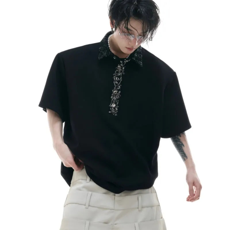Men's loose fit polo t-shirt with a square collar in solid black, grey, or white.