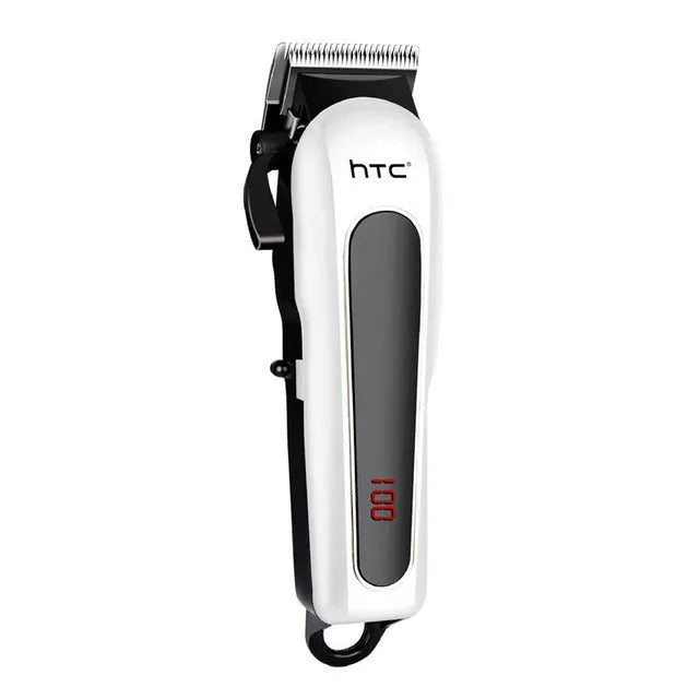 Professional digital hair clipper in black, red, or white with charger, combs, and maintenance tools.