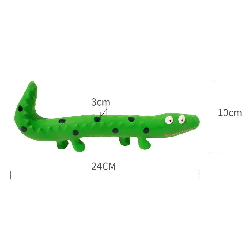 Green cartoon lizard-shaped dog chew toy with squeaker for aggressive chewers