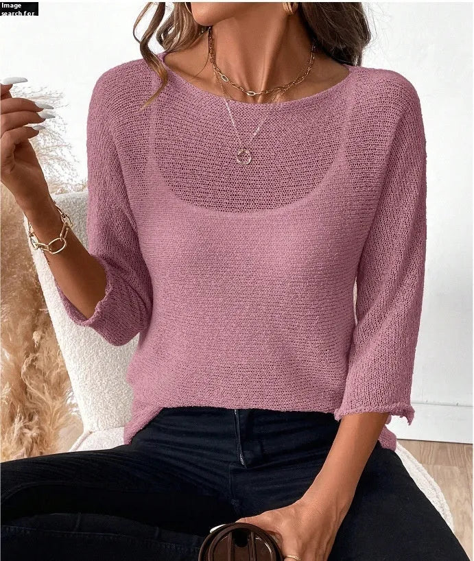 Women's knitted off-shoulder top in thin polyester fabric with 3/4 sleeves and 3D pattern
