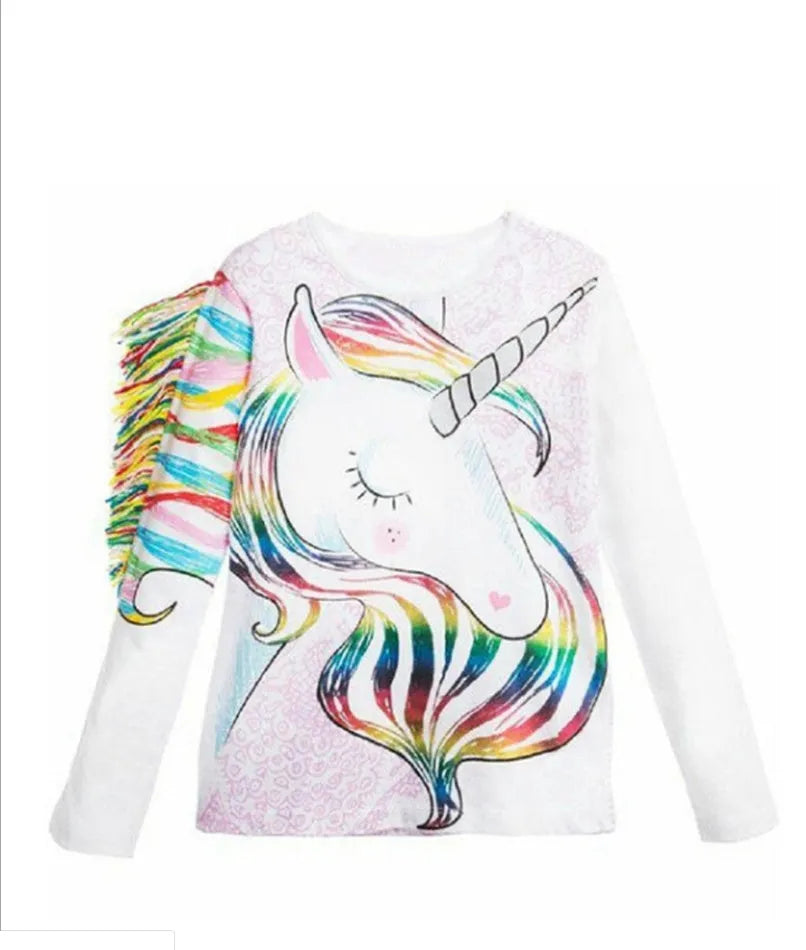 White children's T-shirt with stereo horse hair print, long sleeve round neck cotton top
