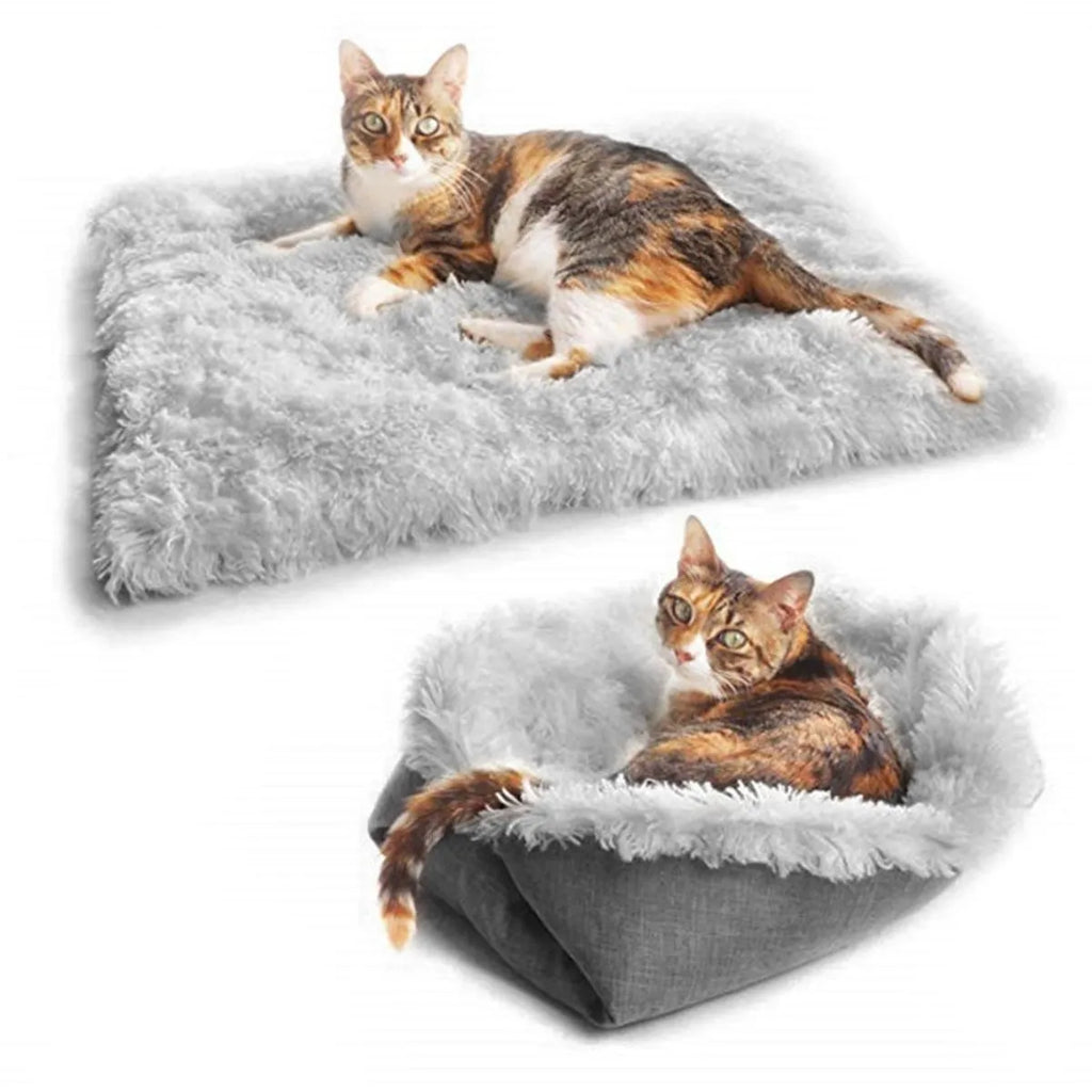 Grey pet blanket with long plush hair and black non-slip bottom particles
