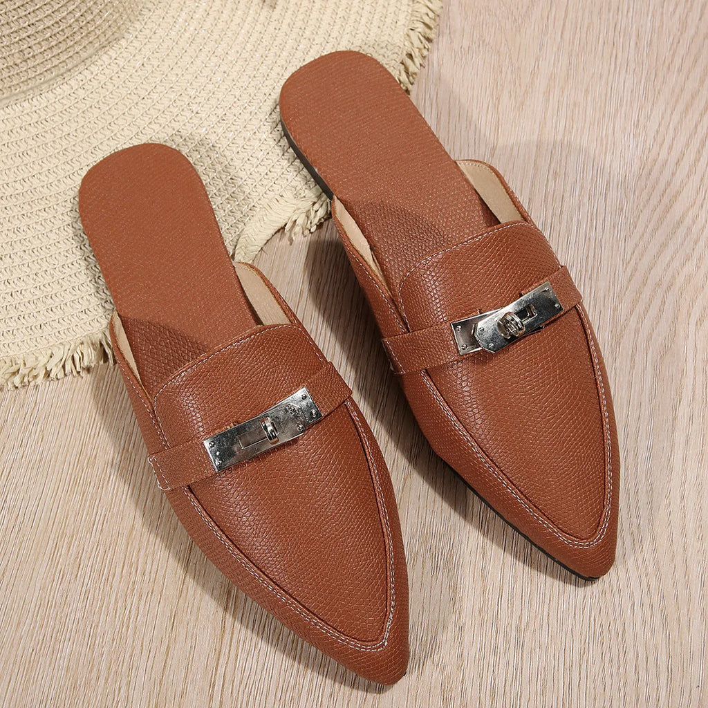 Light brown women's pointed-toe low-heel casual slippers with PU upper and rubber sole