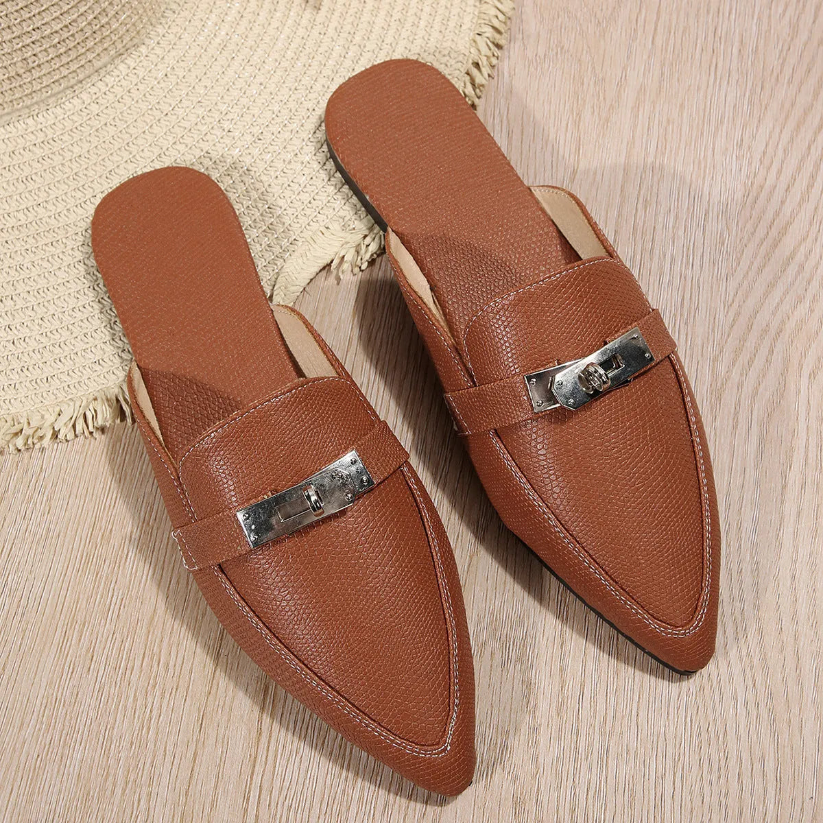 Light brown women's pointed-toe low-heel casual slippers with PU upper and rubber sole