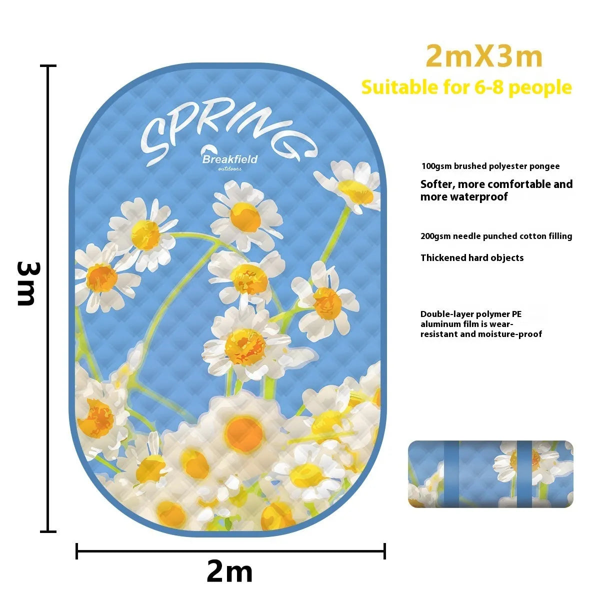 Waterproof picnic mat for 4-8 people showing seasonal colour options and moisture-proof backing
